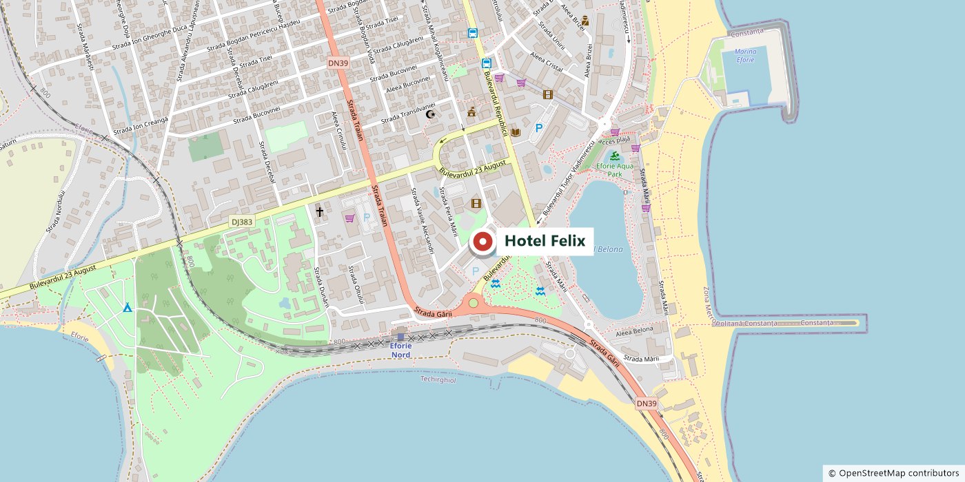 Hartă cu Hotel Felix în Eforie Nord, lângă lacul Belona și plajă